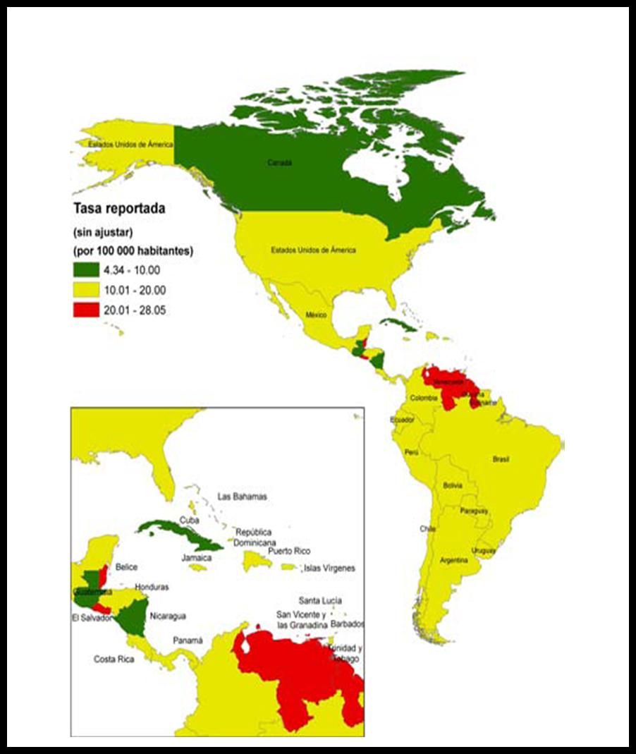 Distribución de la tasa reportada de mortalidad por lesiones causadas por el tránsito, Región de las Américas, 2006–2007